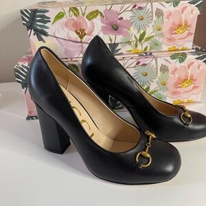 Gucci Black Leather Horsebit Block Heel Pumps